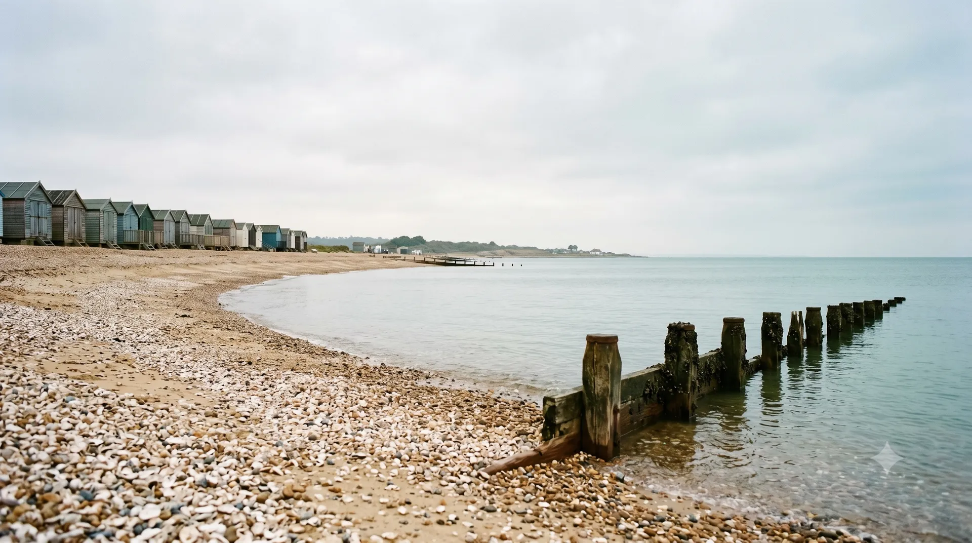 The shingle beach and beach huts at Whitstable, Kent