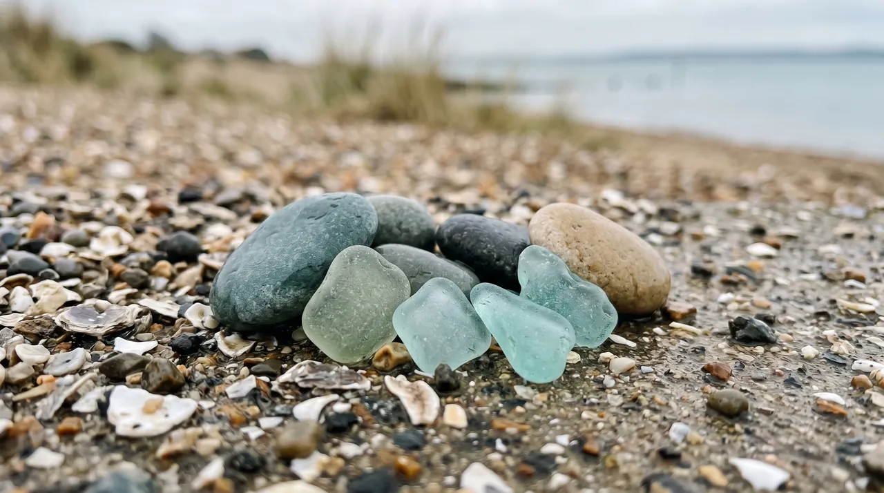 Sea glass and smooth pebbles on the shingle beach at Whitstable