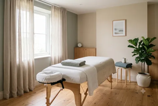 Sibyl's calm, light treatment room in Whitstable